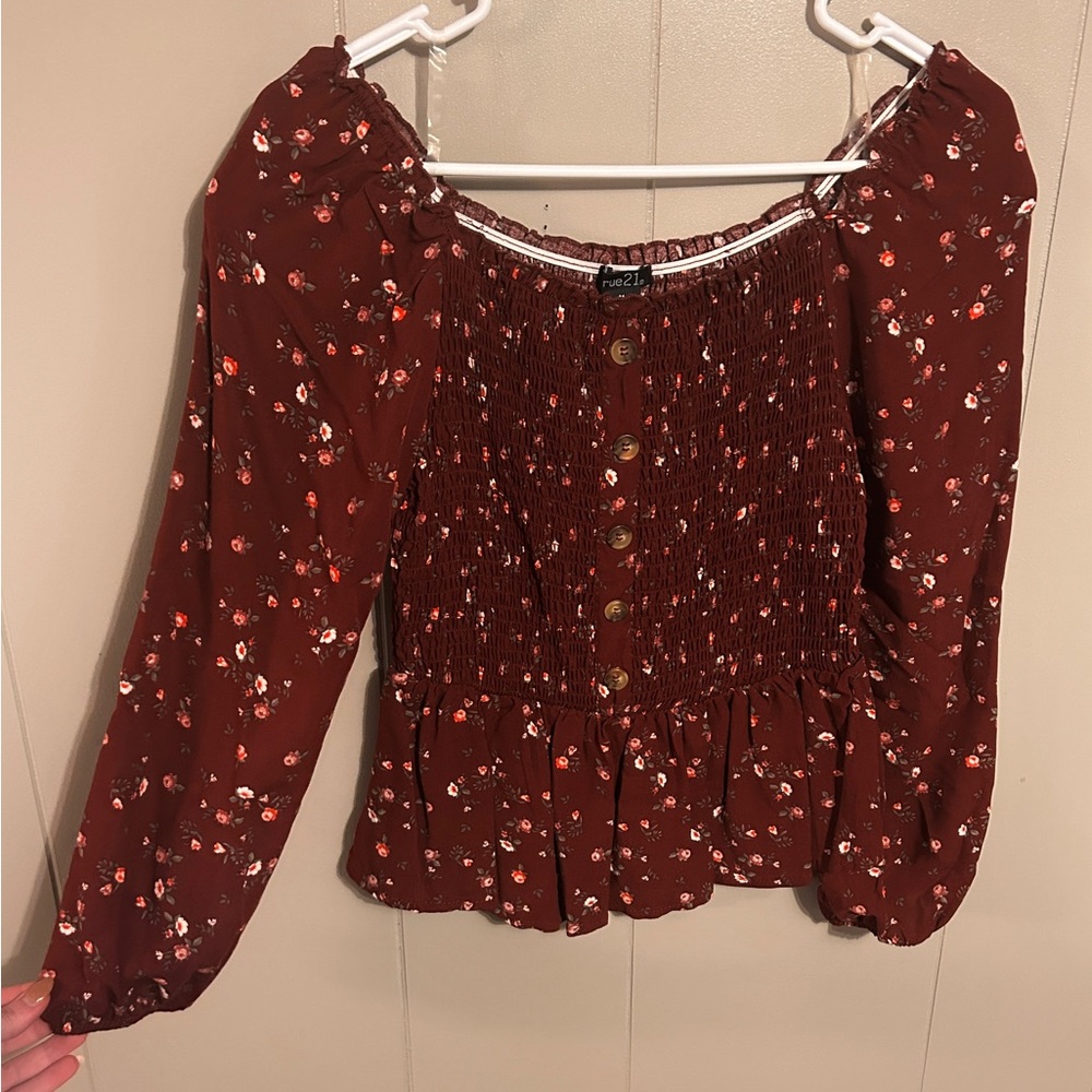 Rue21 Burgundy Long Sleeve Babydoll Top